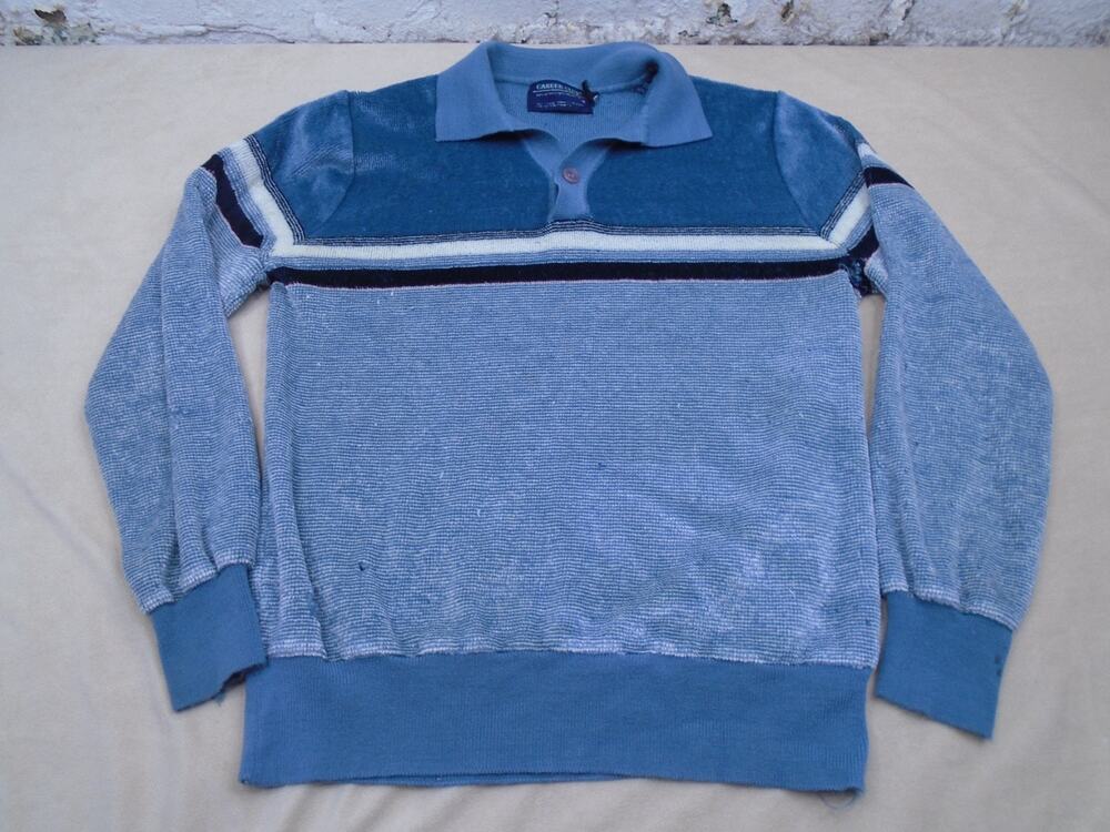 Vintage Career Club Velour Sweatshirt Mens Small Blue 1970s Collared